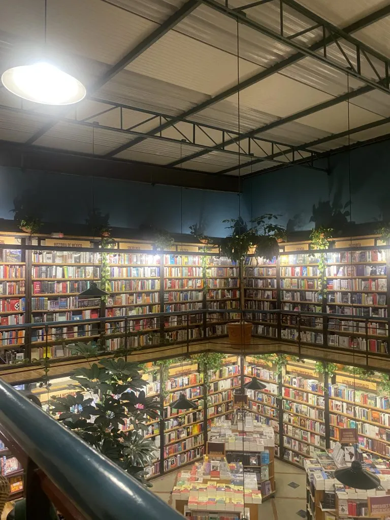Tall bookshelves arranged in a ring under hanging lights, with plants among the shelves.